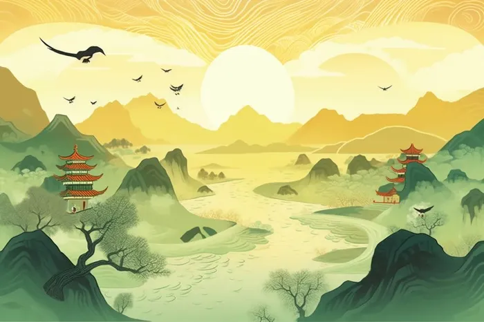国潮黄色仙鹤山脉云背景(1344x896)
