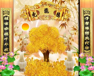 金钱树荷花大理石背景墙