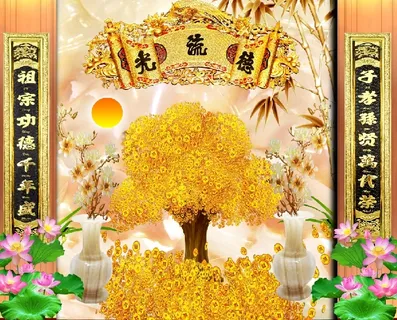 金钱树荷花大理石背景墙 金钱树荷花大理石背景墙