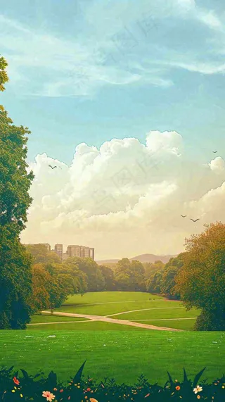 蓝天白云草地树木建筑，春天