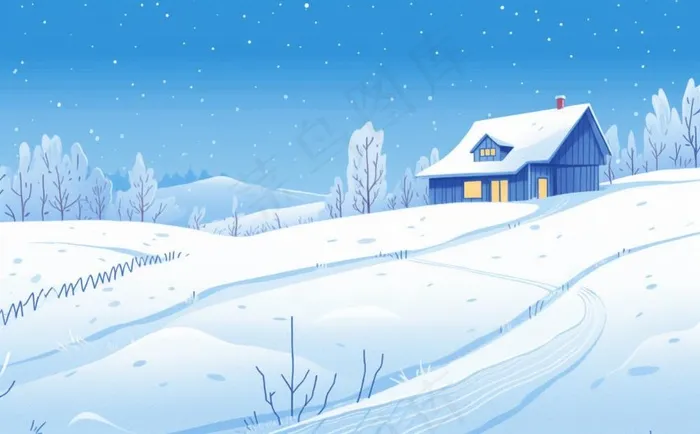 冬天乡村雪地里的房子雪景白雪卡通插画背景(1392x864)