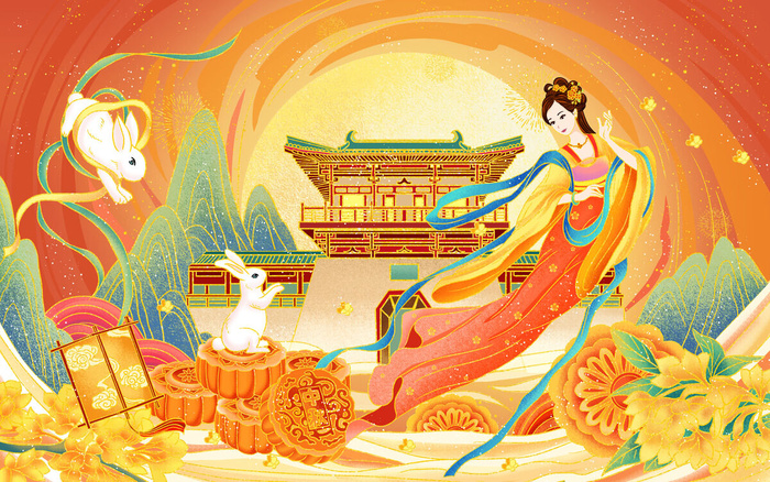 国潮国风卡通手绘插画中秋传统节日月饼玉兔嫦娥宫殿团圆