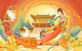 国潮国风卡通手绘插画中秋传统节日月饼玉兔嫦娥宫殿团圆