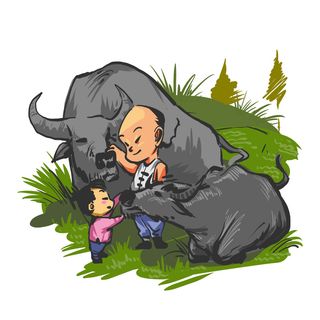 清明清明节卡通女孩男孩牛