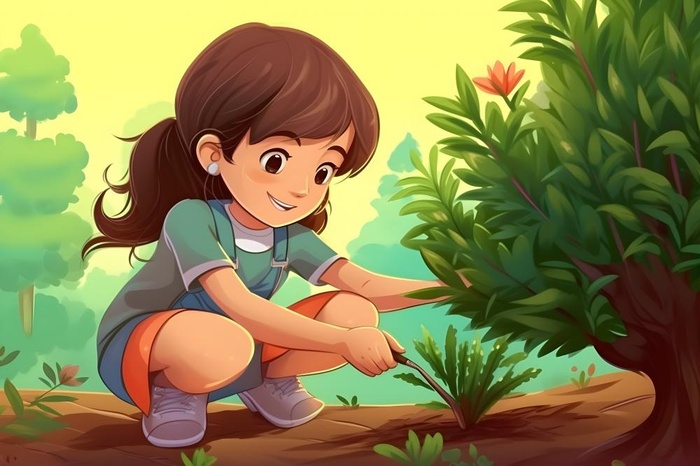 森林种植小女孩土地手绘插画海报素材背景(5376x3584)