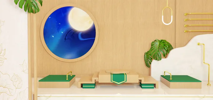 中国风国潮电商促销海报C4D背景图3D场景立体设计PSD素材模板