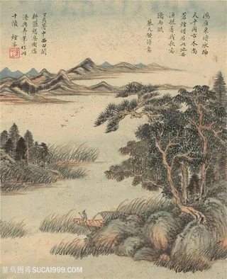 仿古山水作品鸿雁秋归国画图片
