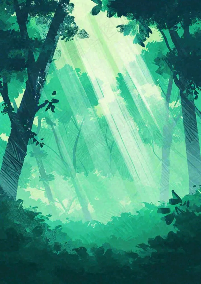 春意盎然的树林里阳光洒下绿草茵茵的水彩画(928x1312)