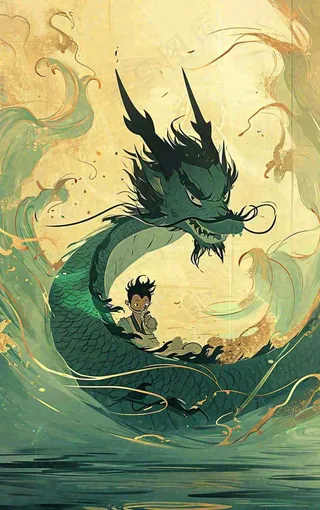国风龙神话传说海面船只中国风插画