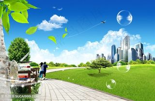 蓝天白云建筑风景画韩式自然背景