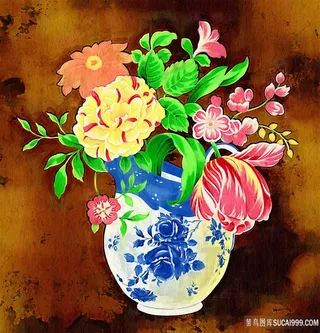 唯美花卉青花瓷花瓶插画