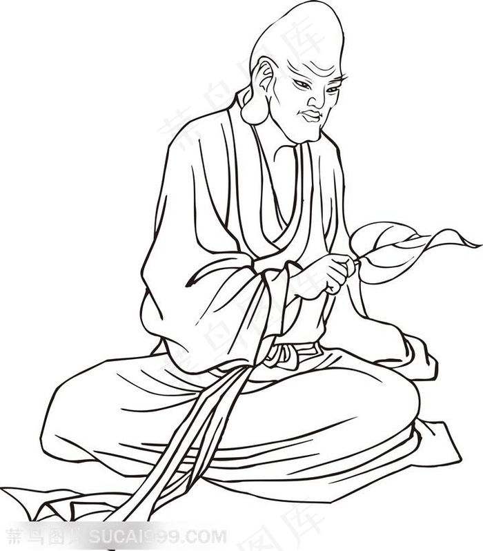 拿着树叶沉思的和尚手绘线描108罗汉矢量PNG绘画图片