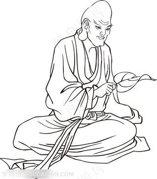 拿着树叶沉思的和尚手绘线描108罗汉矢量PNG绘画图片