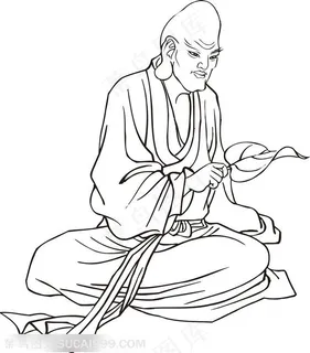 拿着树叶沉思的和尚手绘线描108罗汉矢量PNG绘画图片 拿着树叶沉思的和尚手绘线描108罗汉矢量PNG绘画图片