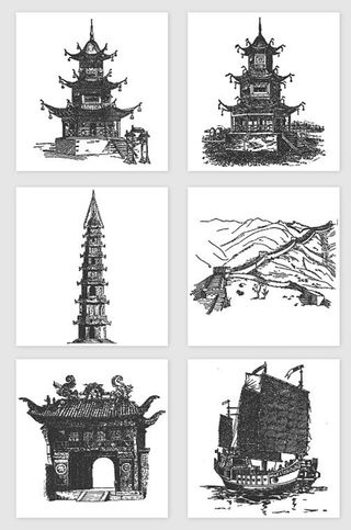 中国雷峰塔高塔长城古城建筑帆船手绘插画