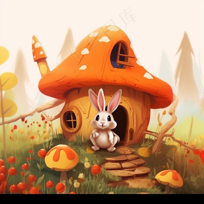 蘑菇屋里小白兔家园卡通插画素材(1024x1024)