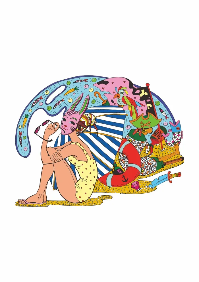 海边 戴面具的女孩 沙滩 小鸟cdr矢量模版下载