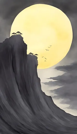 月亮月光山脉水墨简约背景