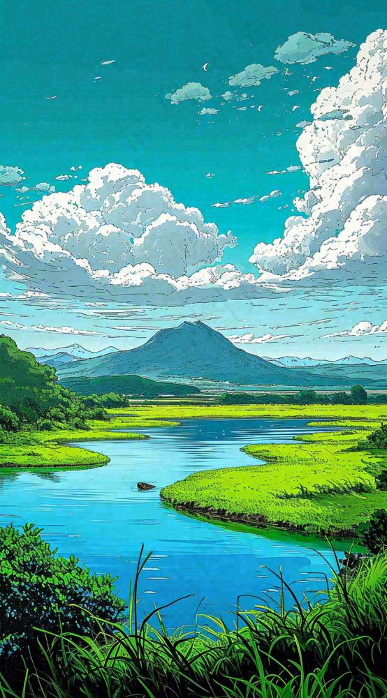 春天阳光灿烂远处的高山和田野春意盎然手绘卡通画(816x1472)