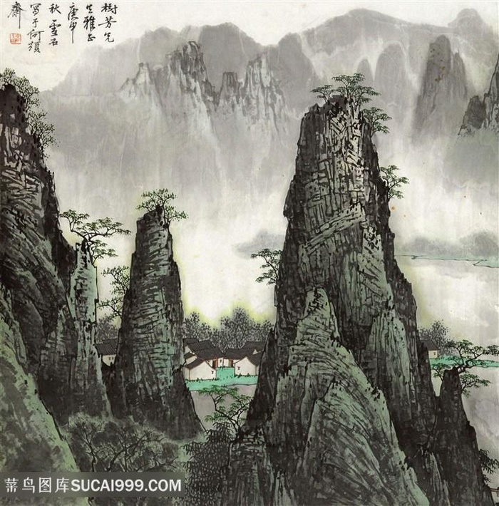 唯美白雪石水墨山脉高清风景画