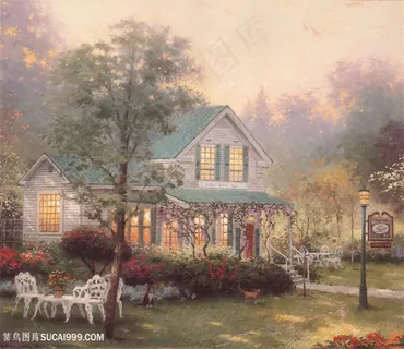 别墅草地水彩油画风景画 别墅草地水彩油画风景画