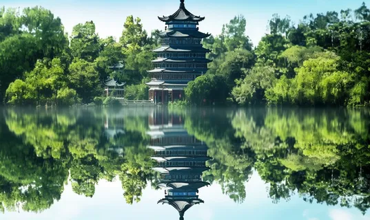 倒影水中的宝塔背后的树木山景风格摄影图