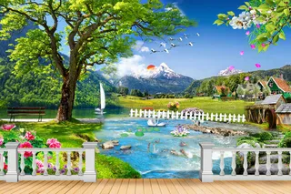 彩色水湖大树风景