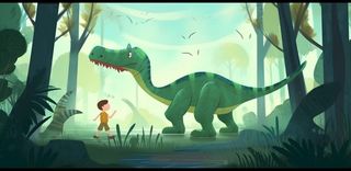 恐龙儿童大自然森林奔跑插画海报素材背景