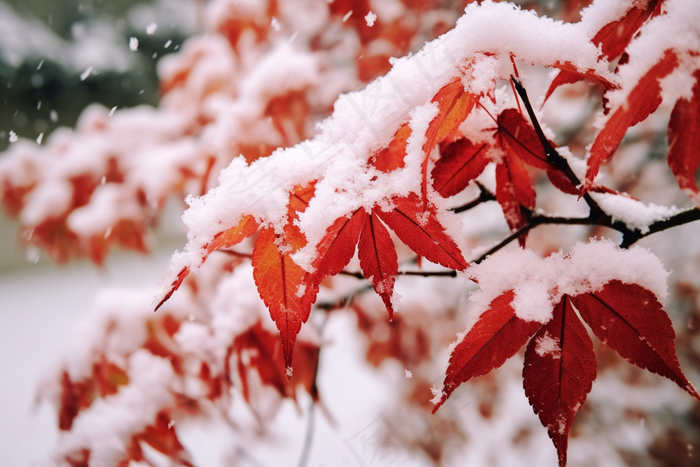 冬天雪景枫叶上的雪花摄影图(4032x2688)