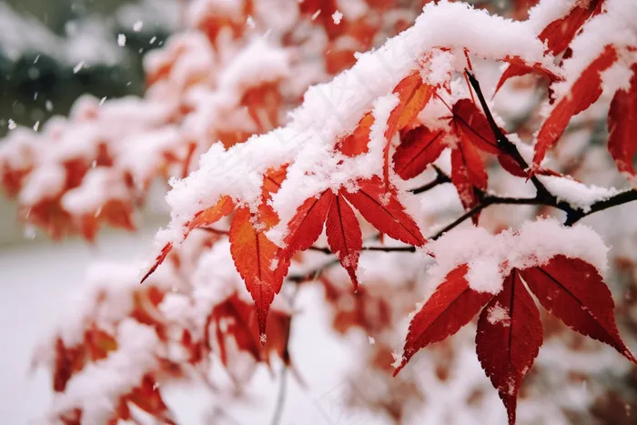 冬天雪景枫叶上的雪花摄影图(4032x2688)