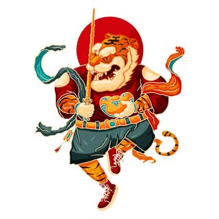 2022虎年吉祥物卡通公仔小老虎形象设计福字元素手绘插画psd素材