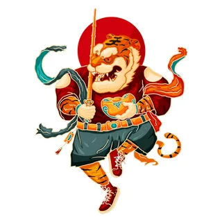 2022虎年吉祥物卡通公仔小老虎形象设计福字元素手绘插画psd素材