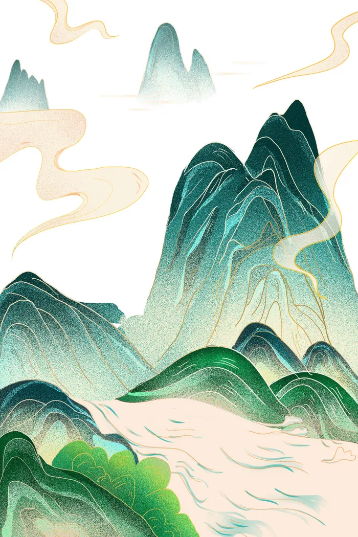 中国风国潮山水插画祥云中式手绘烫金线条元素png装饰背景PSD素材psd模版下载