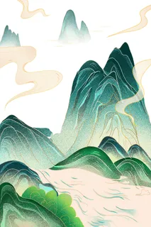 中国风国潮山水插画祥云中式手绘烫金线条元素png装饰背景PSD素材