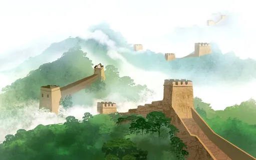 仙境手绘卡通长城插画 仙境手绘卡通长城插画