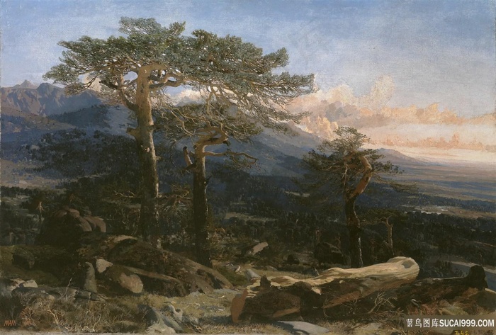 唯美山脉大树风景画油画