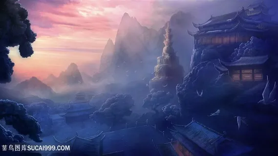 飘渺夕阳古代房屋中国风CG原画图片