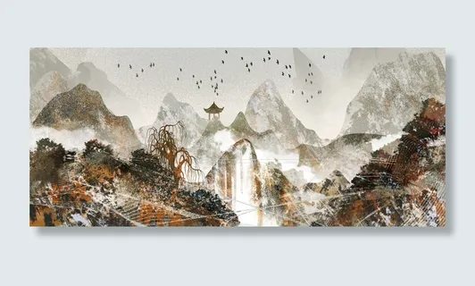 山峰涂画景观PSD素材