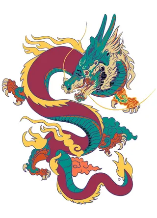 手绘国潮中国风神龙凤凰卡通形象插画装饰元素图案PSD设计素材