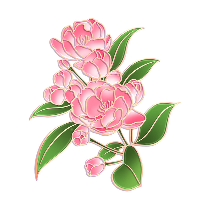 国潮风立体浮雕金边手绘花朵花卉PSD设计PNG免扣图片元素素材psd模版下载