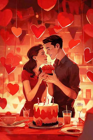 情人节爱心浪漫情侣晚餐生日蛋糕插画手绘