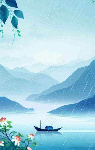 春天雨天湖面山脉小船植物花朵，雨水谷雨