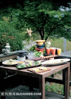 室外餐桌上的餐具和美食摄影图片