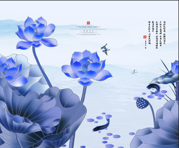 水墨蓝色荷花鲤鱼装饰画