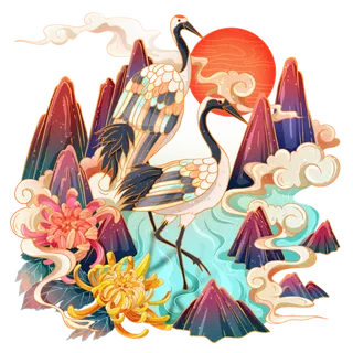 国潮仙鹤插画免扣素材设计素材