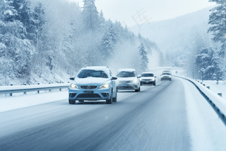 下雪天道路行驶的汽车大雪摄影图