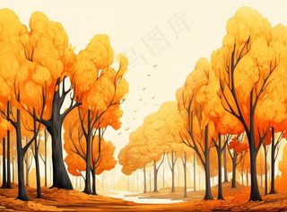 秋季树林黄色树叶卡通插画素材背景