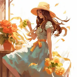 穿裙子的少女草帽色彩鲜艳卡通插画素材