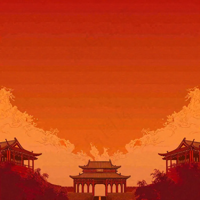 红色渐变国风建筑剪影，中国风简约(1024x1024)