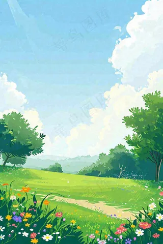 春日郊游草坪小路小花踏青手绘插画，立春春分